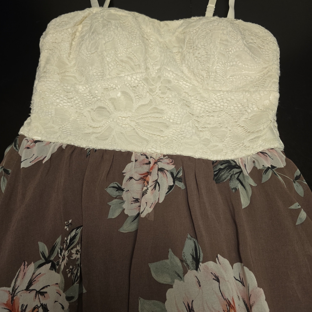 AUW Floral Lace Hi-Low Sundress‎ Brown White Pink Strappy Sleeveless Size M